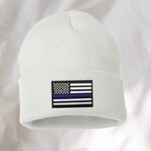 Thin Blue Line Embroidered Flag White Beanie